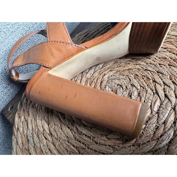 Michael Kors Leather & Canvas Platform Heels Size 9.5M Tan Blue Crisscross Strap - Picture 6 of 10